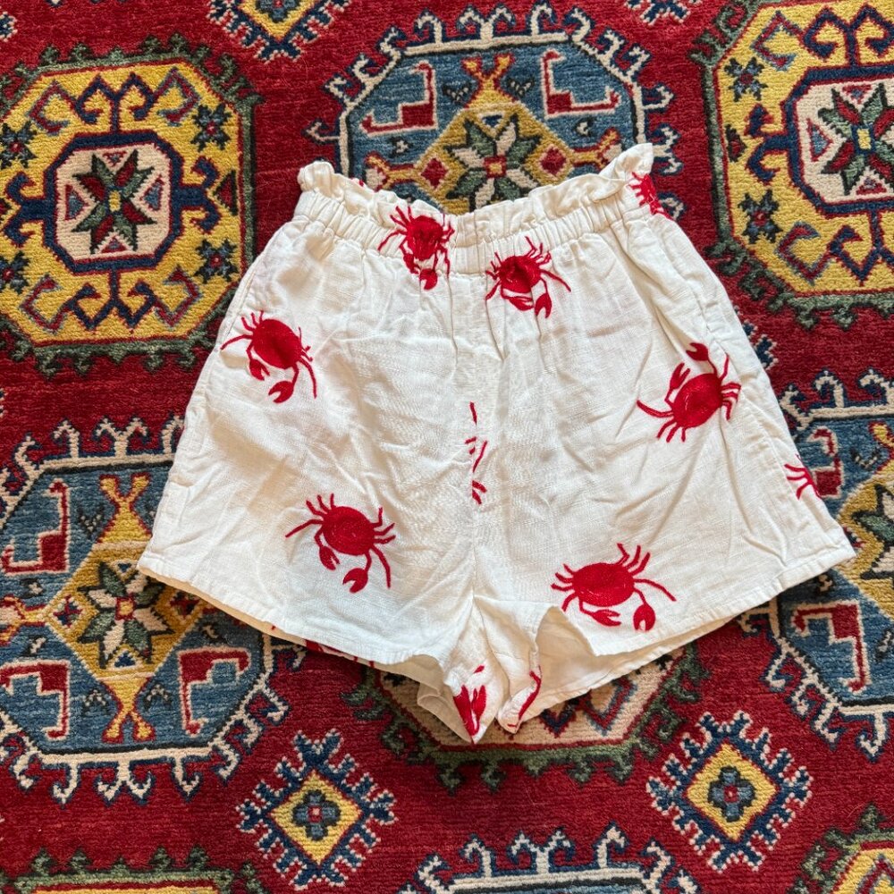 Pepaloves Cream Red Crab Embroidered Shorts Elastic Waist - Picture 3 of 4